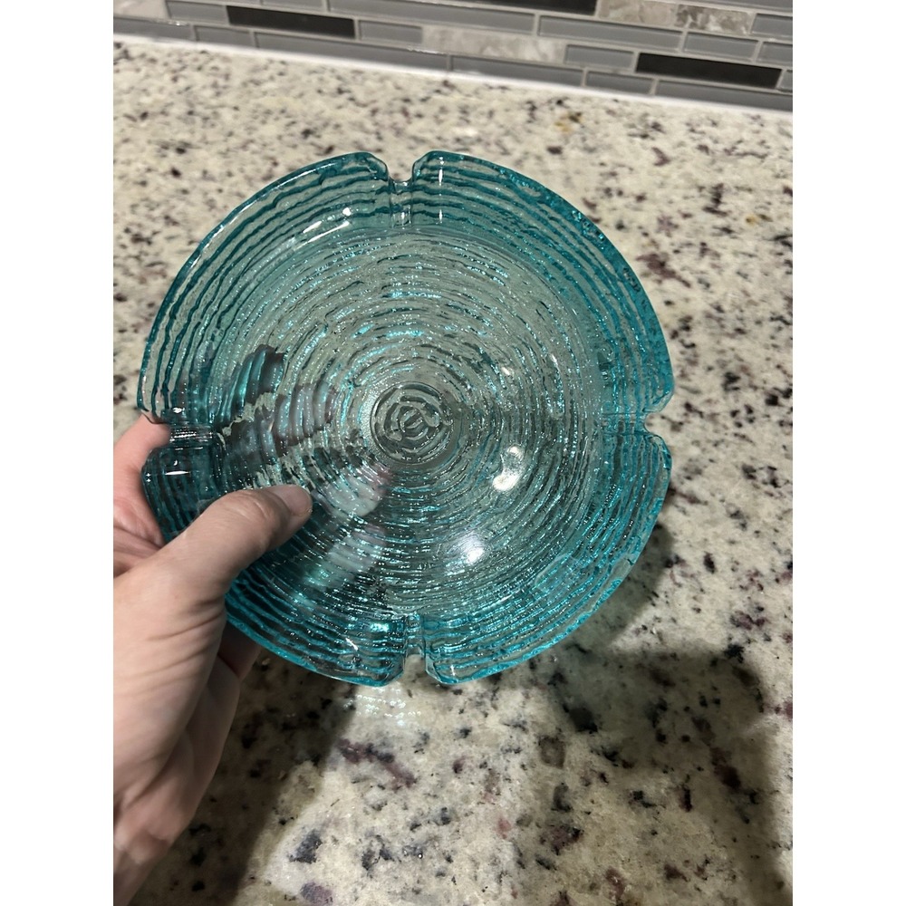 VINTAGE ART GLASS MID CENTURY Turquoise, Blue ASHTRAY Bowl Textured